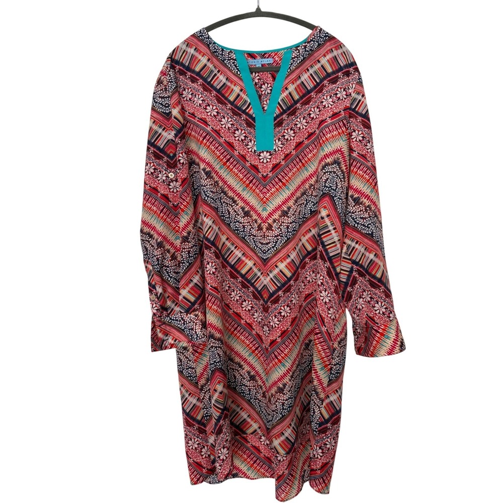 Antonio Melani Festival Indie‎ Bohemian Chevron V-Neck Roll Tab Shift Dress 14 - Picture 2 of 6